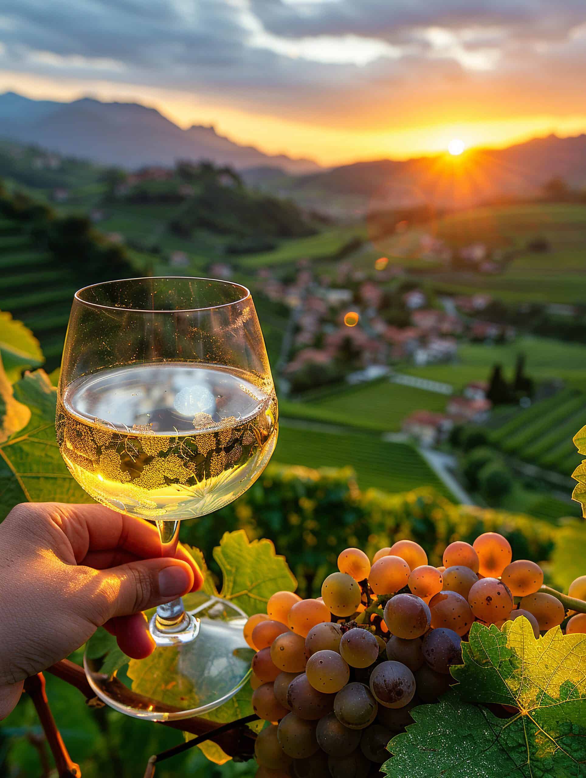 משקפי יין לבן על רקע נוף כרמים ושקיעת שמש בכפר יוקרתי, חווית ביקור במרתף היין של משמיא.