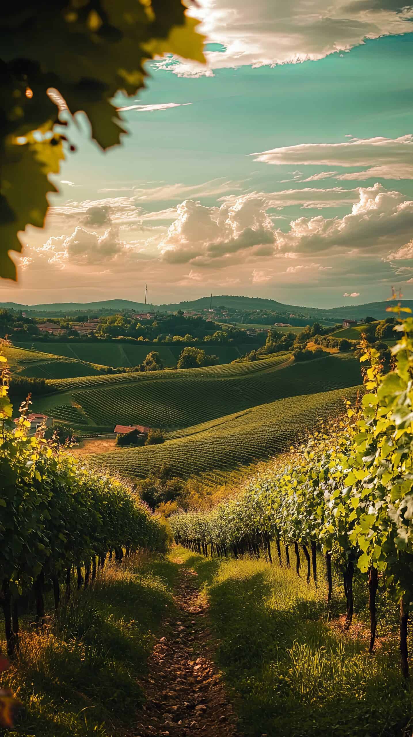 ענבי יין על כרמים פתוחים לנוף פנורמי של הרי היין.