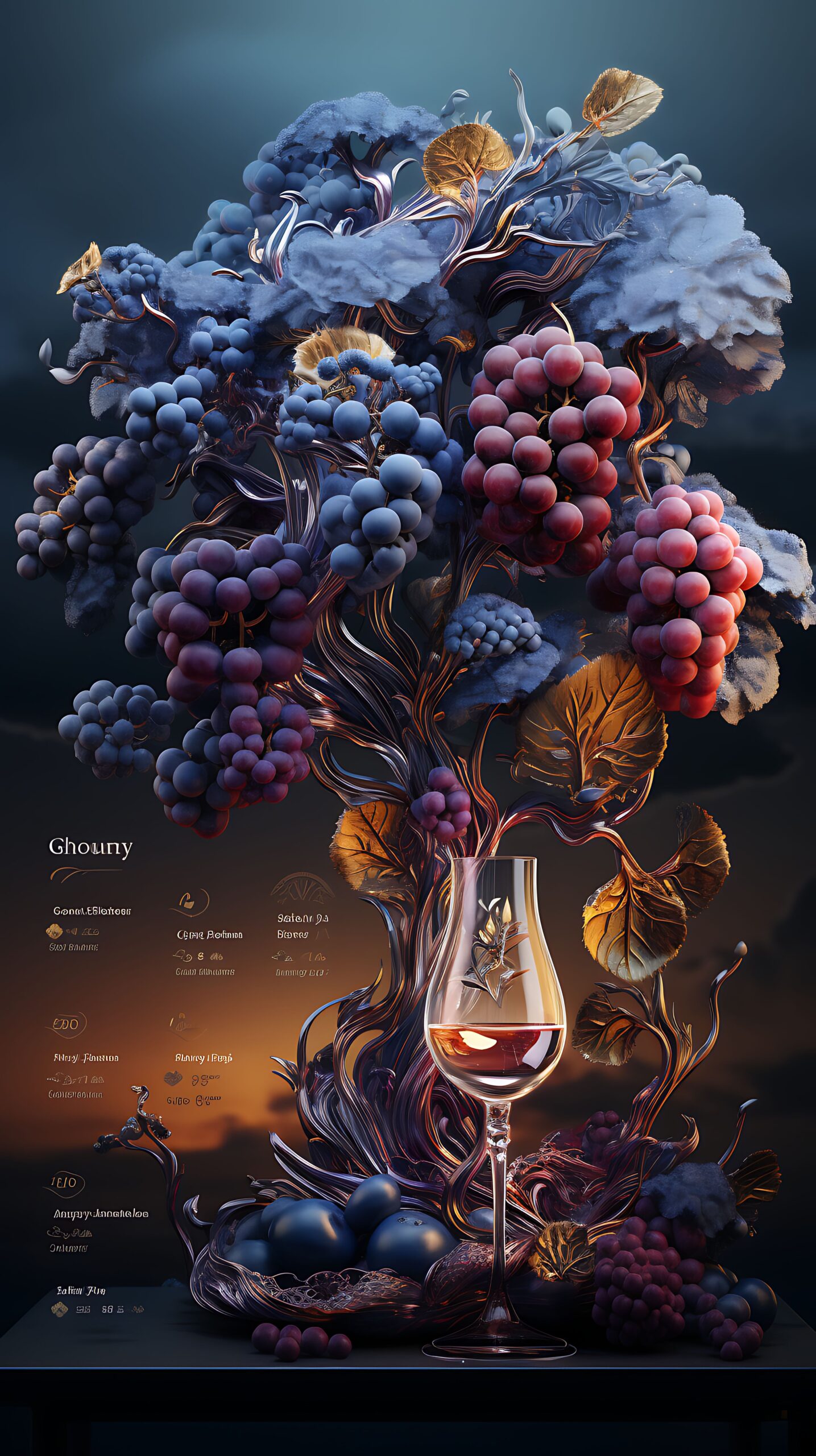 מושגים בעולם היין מוצג על ידי תמונת ai בהדמייה של ענבים בצבעים שונים נכנסים ויוצאים מהכוס