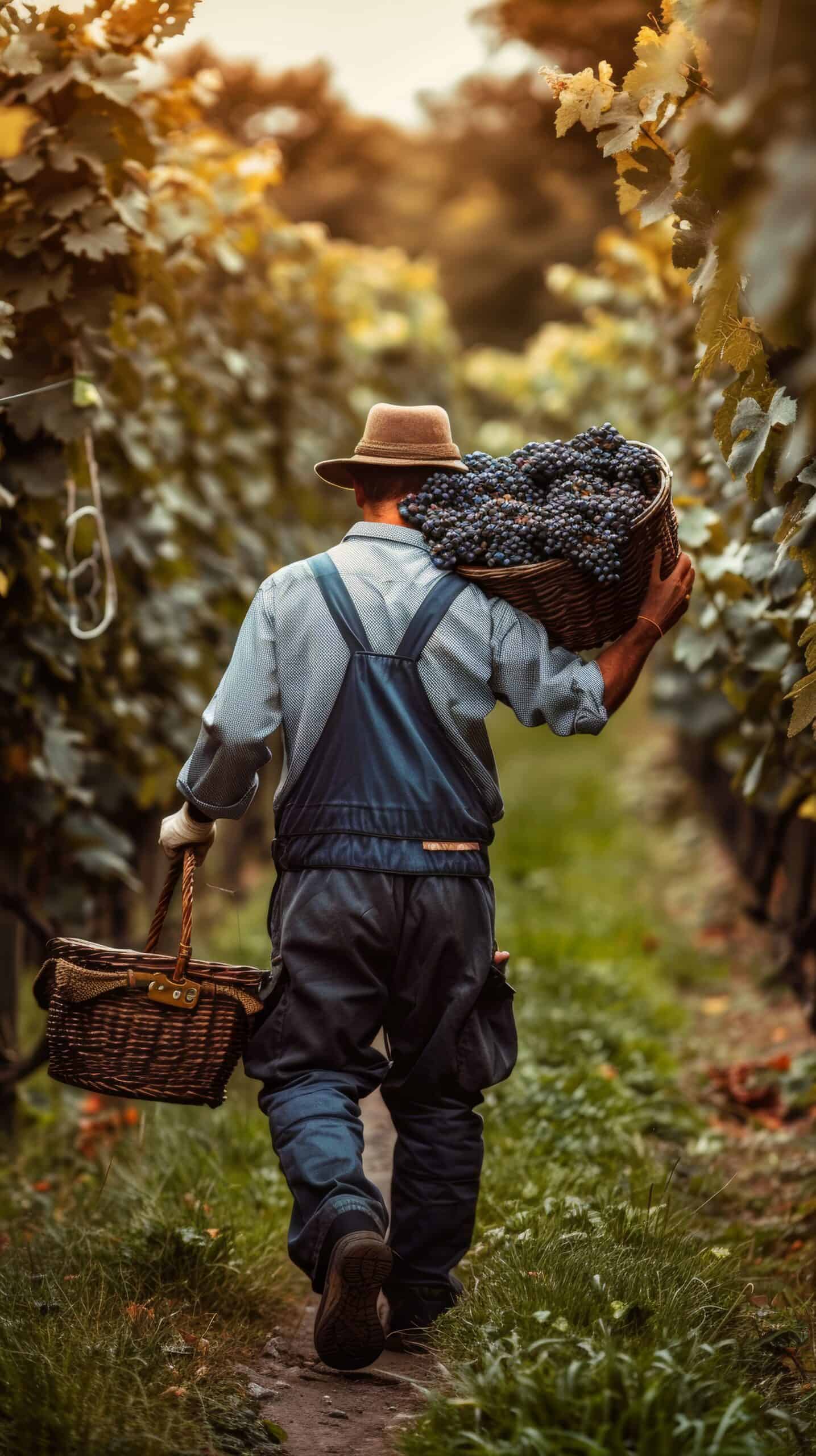בוסתן כרמים עם ענבים, חקלאי בגינה, יין מבעת מרתף משמיא, תהליך ייצור היין, תוצרת איכותית, חוויית יינות ישראל.